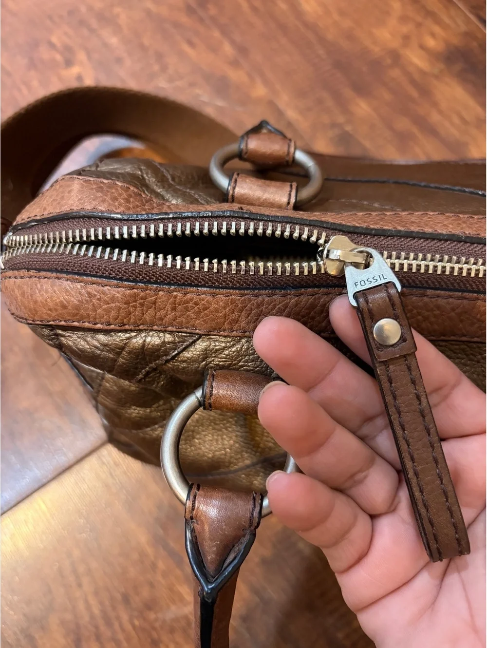 Fossil Maddox metallic aged bronze patchwork leather satchel